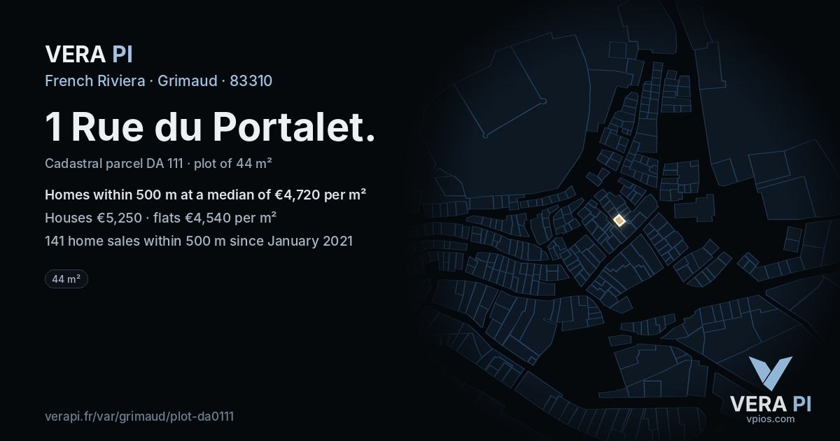 1 Rue du Portalet, Grimaud at night – the plot lit, the parcels around coloured by the prices near them