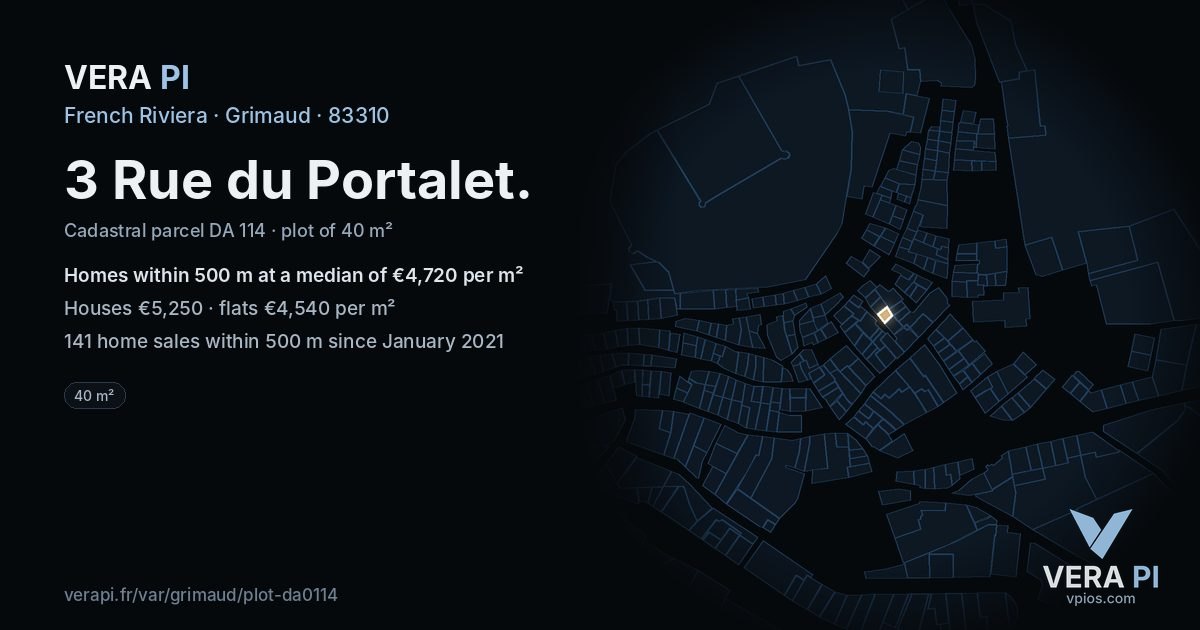 3 Rue du Portalet, Grimaud at night – the plot lit, the parcels around coloured by the prices near them