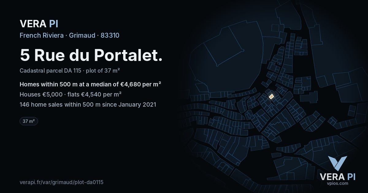 5 Rue du Portalet, Grimaud at night – the plot lit, the parcels around coloured by the prices near them