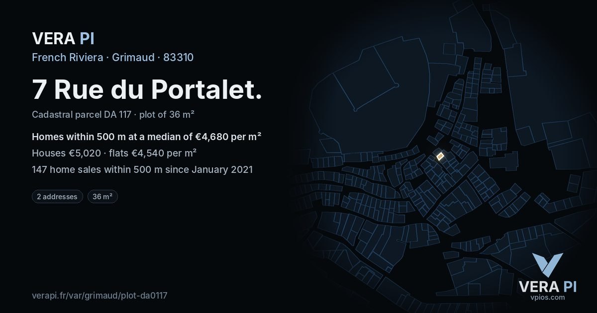 7 Rue du Portalet, Grimaud at night – the plot lit, the parcels around coloured by the prices near them