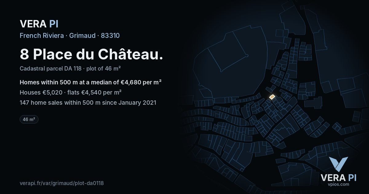 8 Place du Château, Grimaud at night – the plot lit, the parcels around coloured by the prices near them