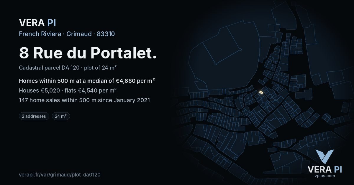 8 Rue du Portalet, Grimaud at night – the plot lit, the parcels around coloured by the prices near them