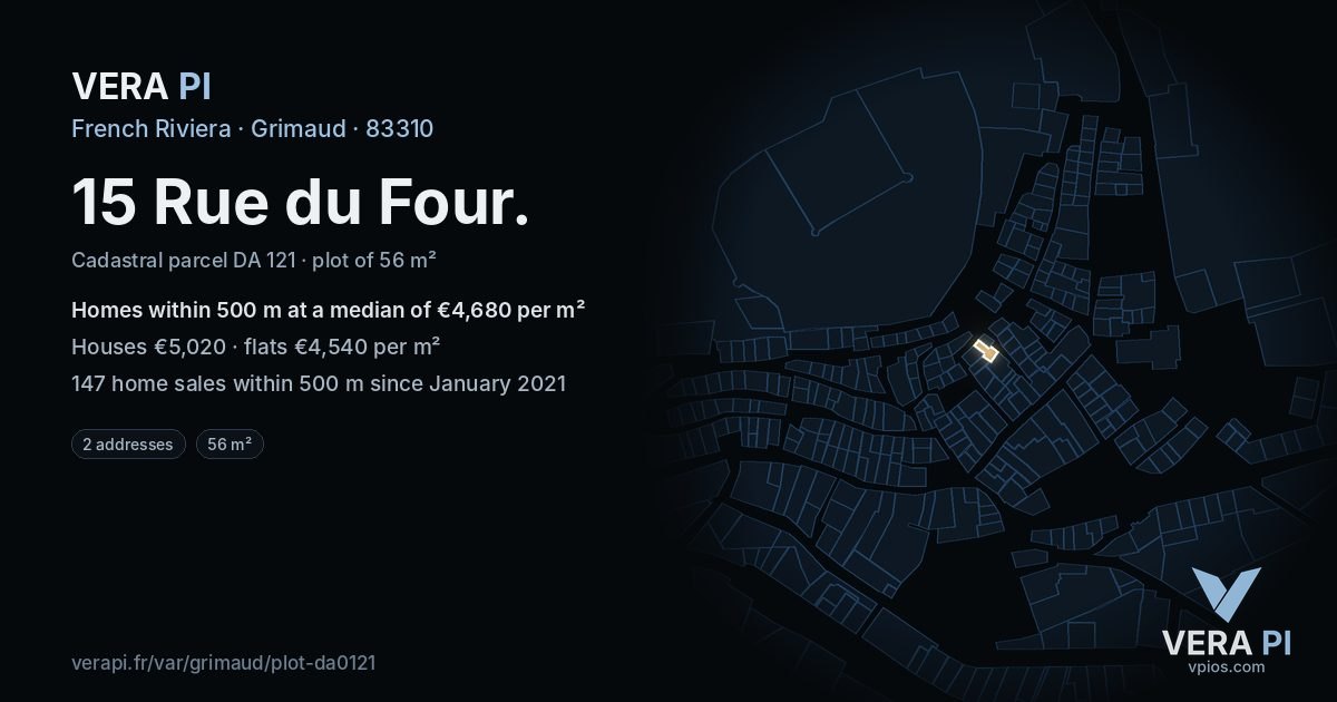 15 Rue du Four, Grimaud at night – the plot lit, the parcels around coloured by the prices near them
