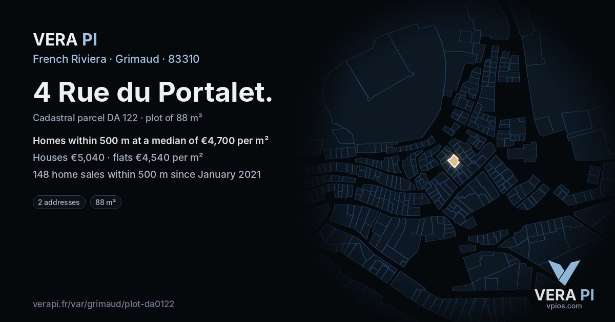 4 Rue du Portalet, Grimaud at night – the plot lit, the parcels around coloured by the prices near them