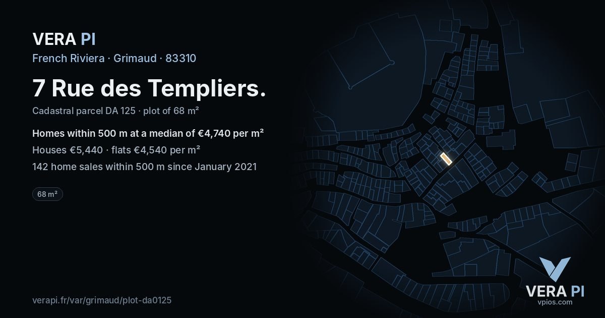 7 Rue des Templiers, Grimaud at night – the plot lit, the parcels around coloured by the prices near them
