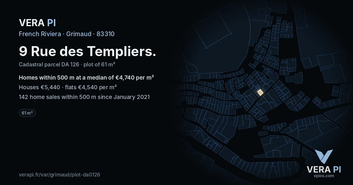 9 Rue des Templiers, Grimaud at night – the plot lit, the parcels around coloured by the prices near them