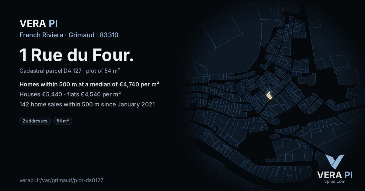 1 Rue du Four, Grimaud at night – the plot lit, the parcels around coloured by the prices near them