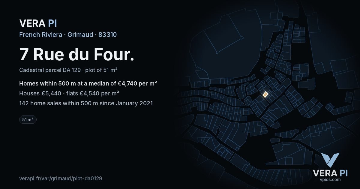 7 Rue du Four, Grimaud at night – the plot lit, the parcels around coloured by the prices near them
