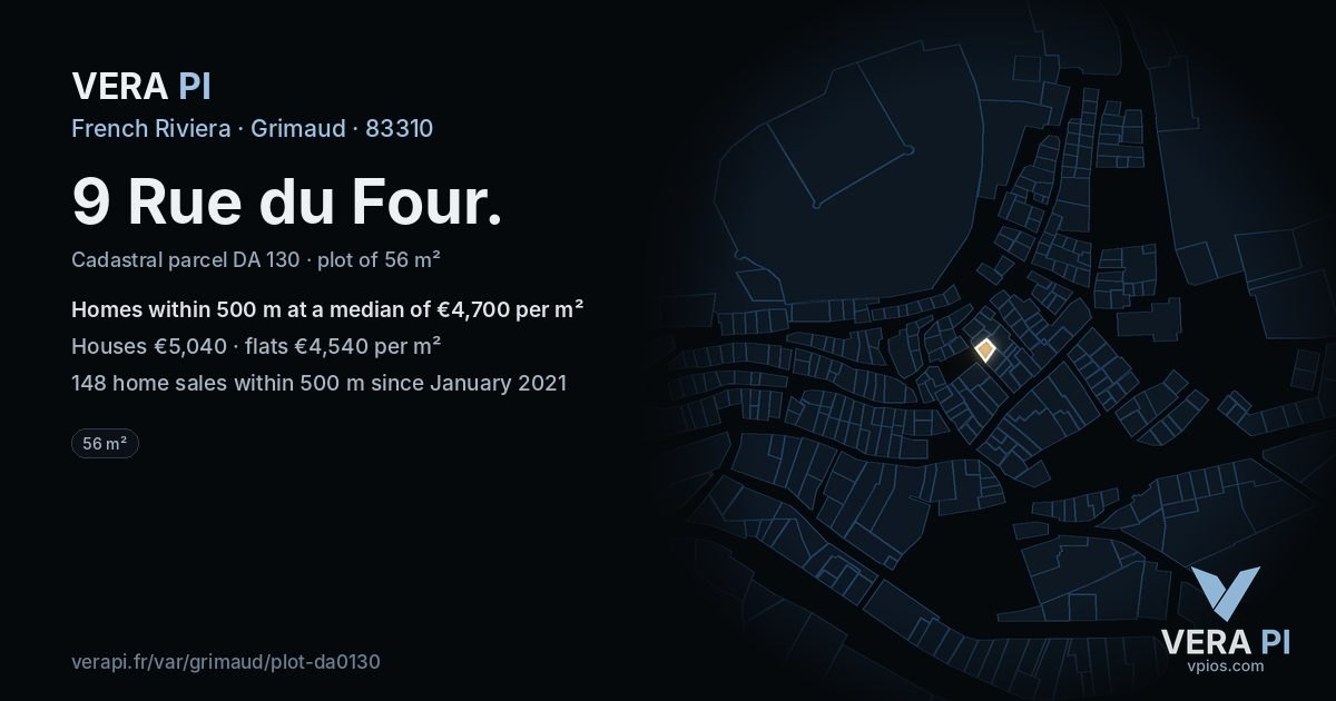 9 Rue du Four, Grimaud at night – the plot lit, the parcels around coloured by the prices near them