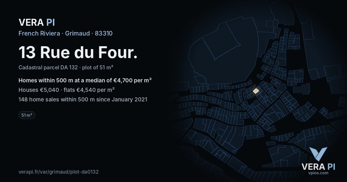 13 Rue du Four, Grimaud at night – the plot lit, the parcels around coloured by the prices near them
