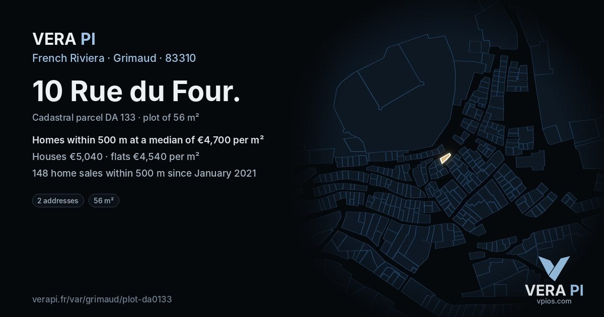 10 Rue du Four, Grimaud at night – the plot lit, the parcels around coloured by the prices near them