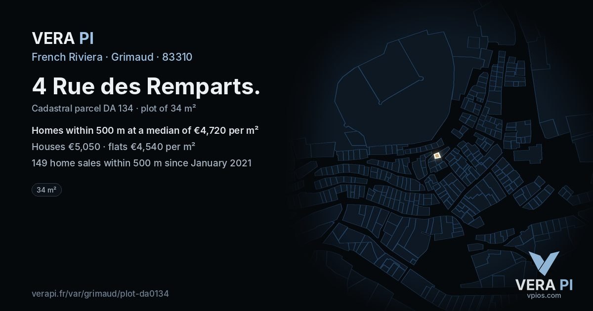 4 Rue des Remparts, Grimaud at night – the plot lit, the parcels around coloured by the prices near them