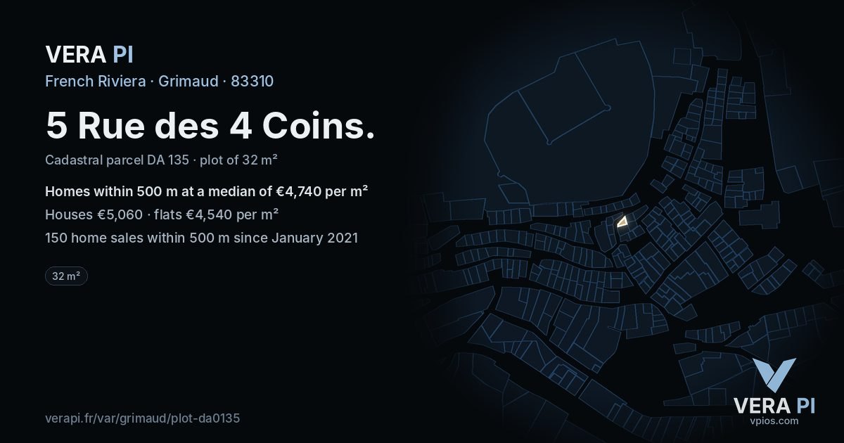 5 Rue des 4 Coins, Grimaud at night – the plot lit, the parcels around coloured by the prices near them