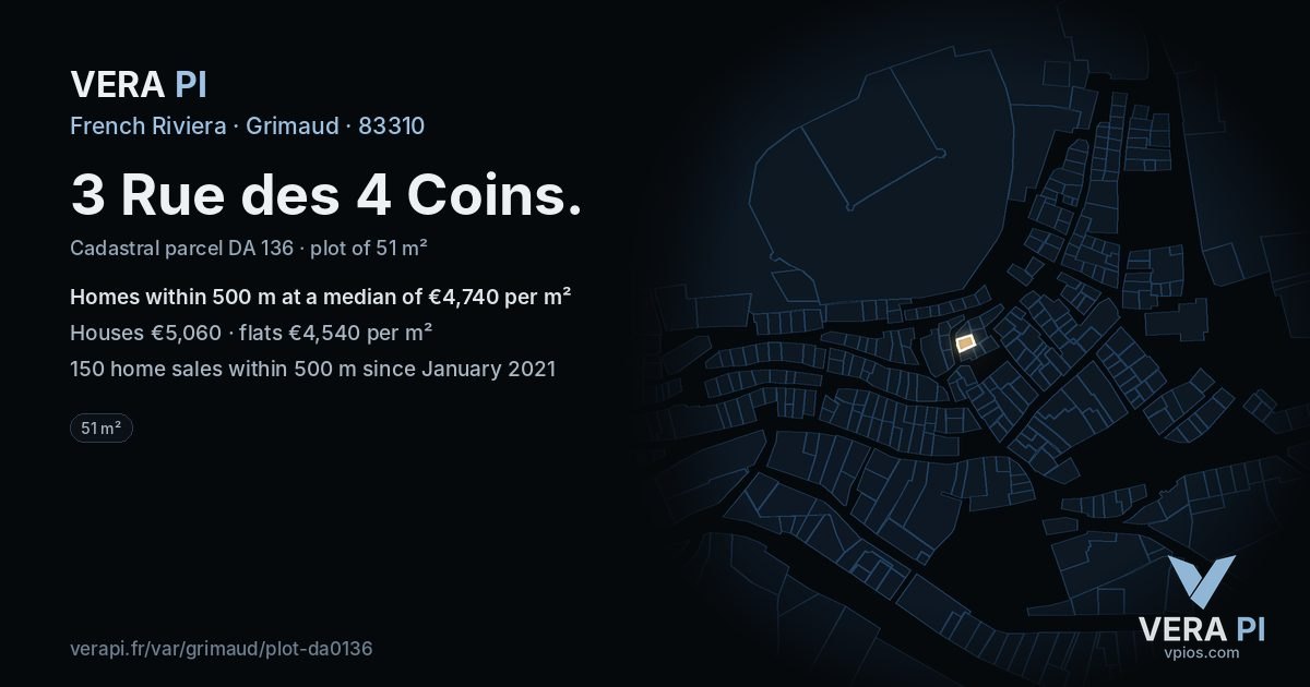 3 Rue des 4 Coins, Grimaud at night – the plot lit, the parcels around coloured by the prices near them