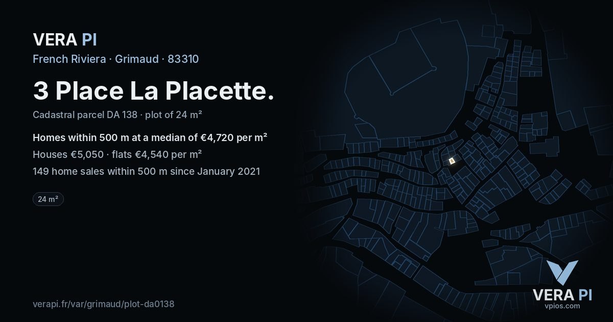 3 Place La Placette, Grimaud at night – the plot lit, the parcels around coloured by the prices near them
