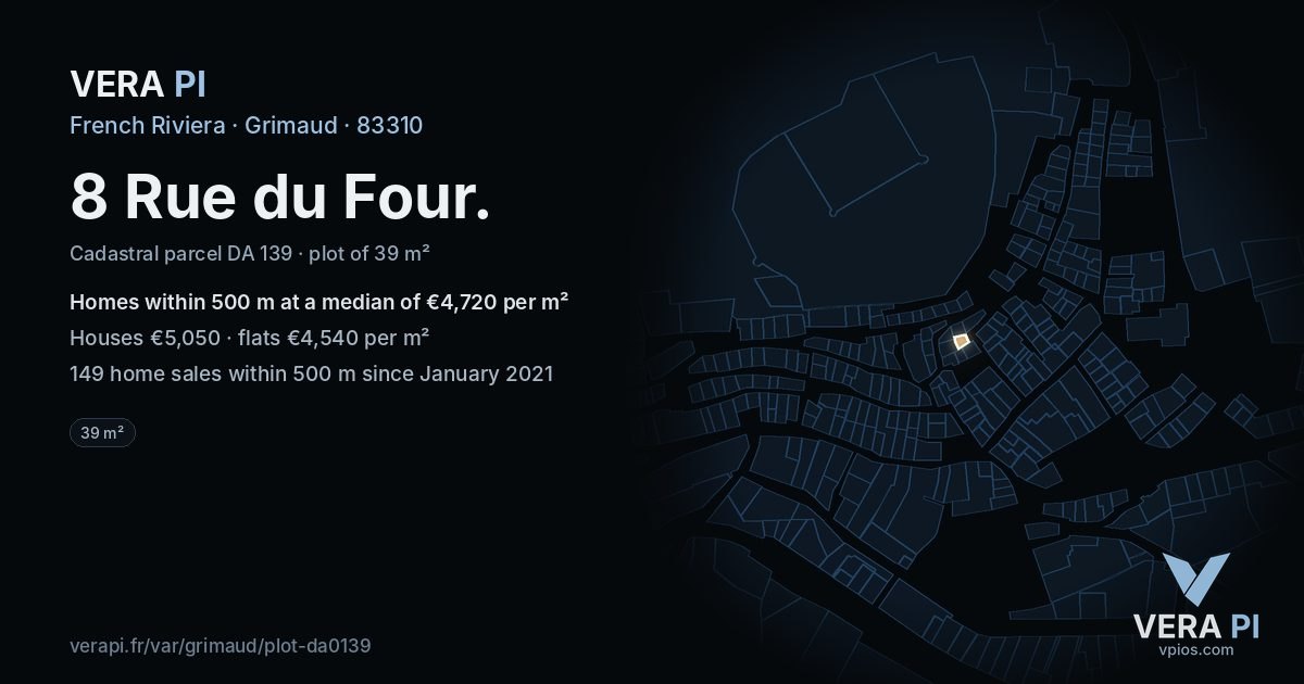 8 Rue du Four, Grimaud at night – the plot lit, the parcels around coloured by the prices near them