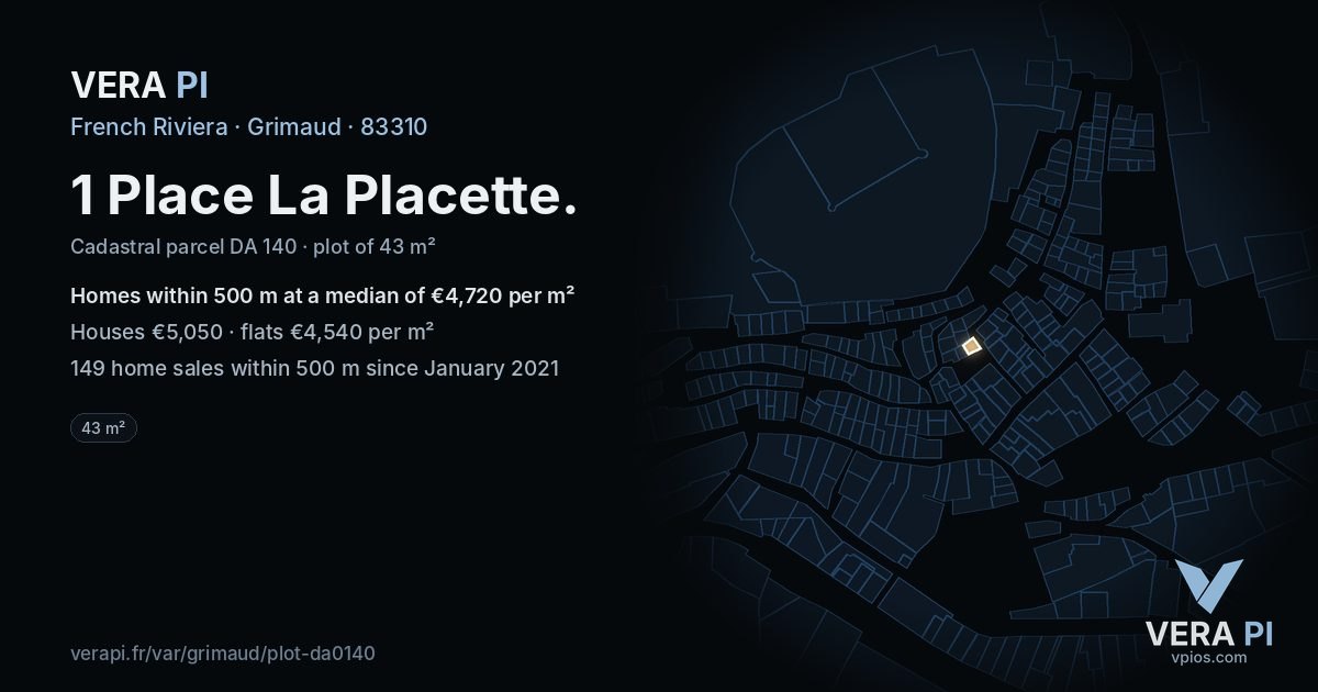 1 Place La Placette, Grimaud at night – the plot lit, the parcels around coloured by the prices near them