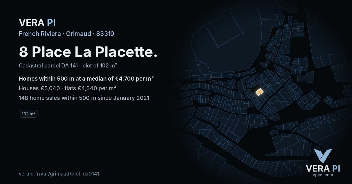 8 Place La Placette, Grimaud at night – the plot lit, the parcels around coloured by the prices near them