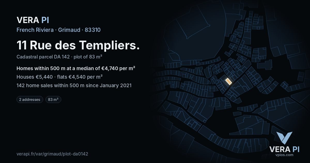 11 Rue des Templiers, Grimaud at night – the plot lit, the parcels around coloured by the prices near them