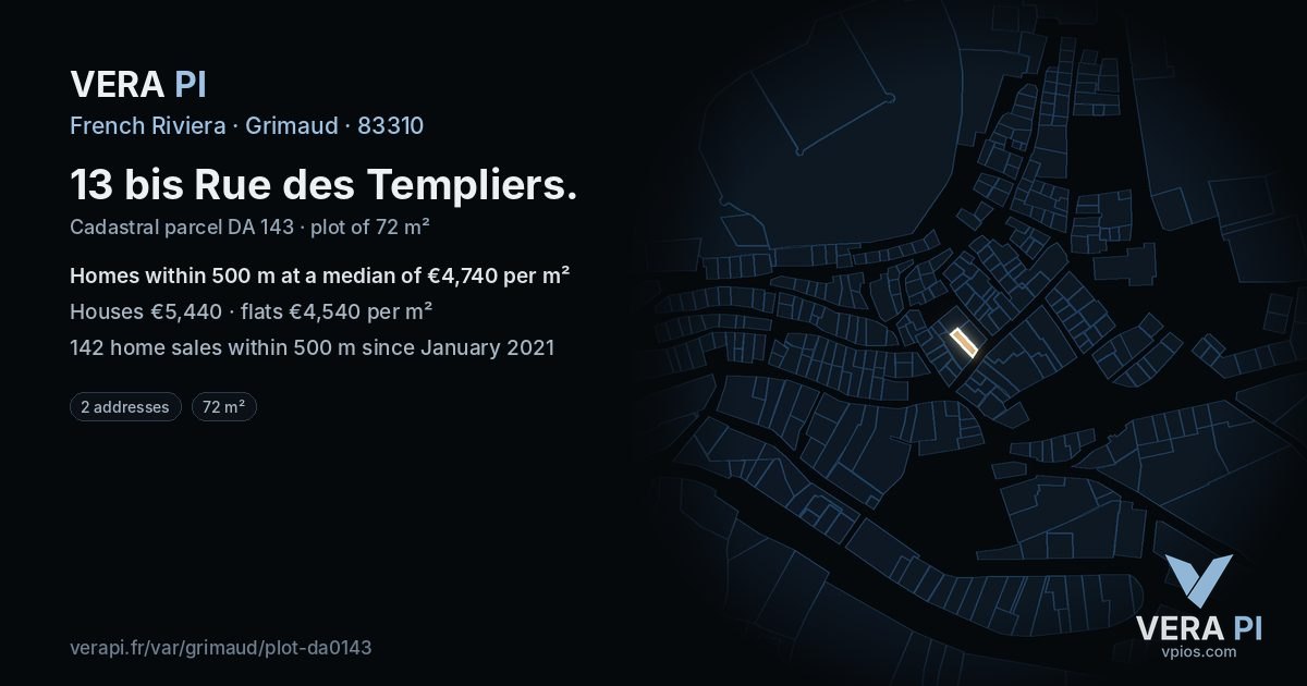13 bis Rue des Templiers, Grimaud at night – the plot lit, the parcels around coloured by the prices near them