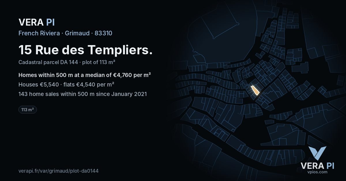 15 Rue des Templiers, Grimaud at night – the plot lit, the parcels around coloured by the prices near them