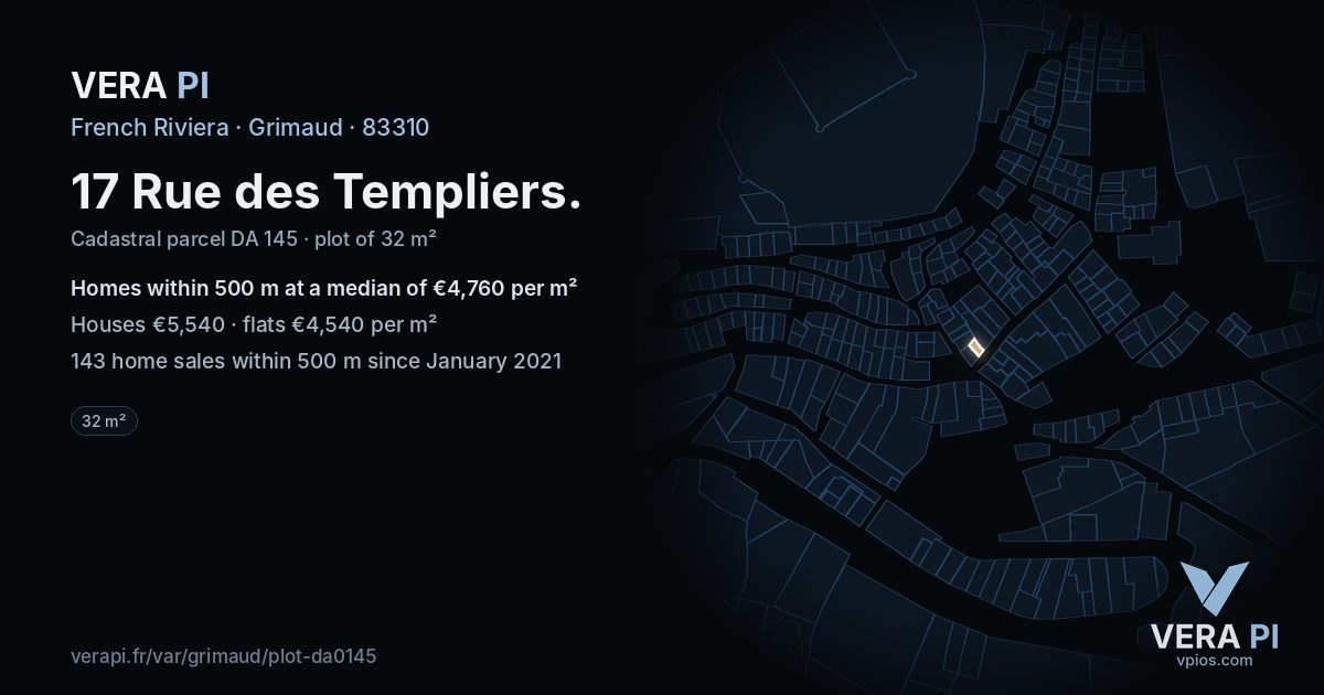 17 Rue des Templiers, Grimaud at night – the plot lit, the parcels around coloured by the prices near them