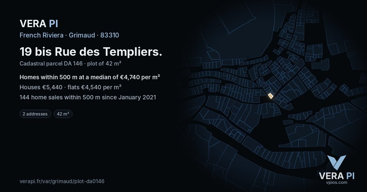 19 bis Rue des Templiers, Grimaud at night – the plot lit, the parcels around coloured by the prices near them