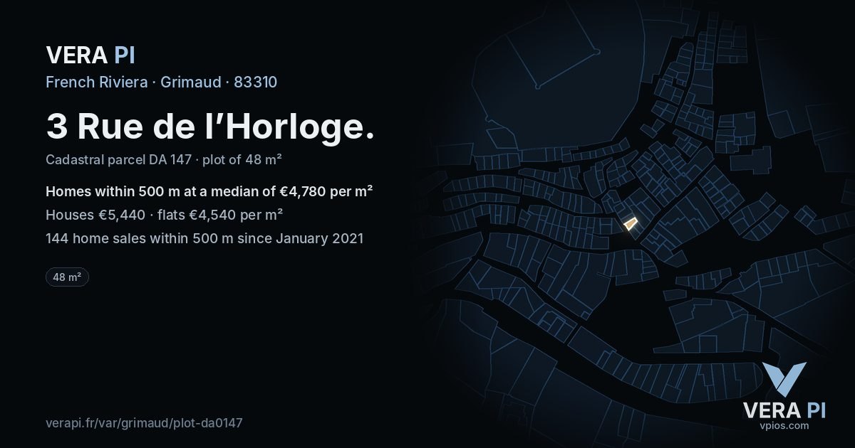 3 Rue de l’Horloge, Grimaud at night – the plot lit, the parcels around coloured by the prices near them