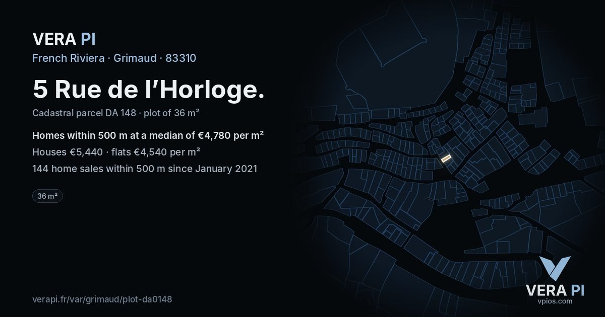 5 Rue de l’Horloge, Grimaud at night – the plot lit, the parcels around coloured by the prices near them