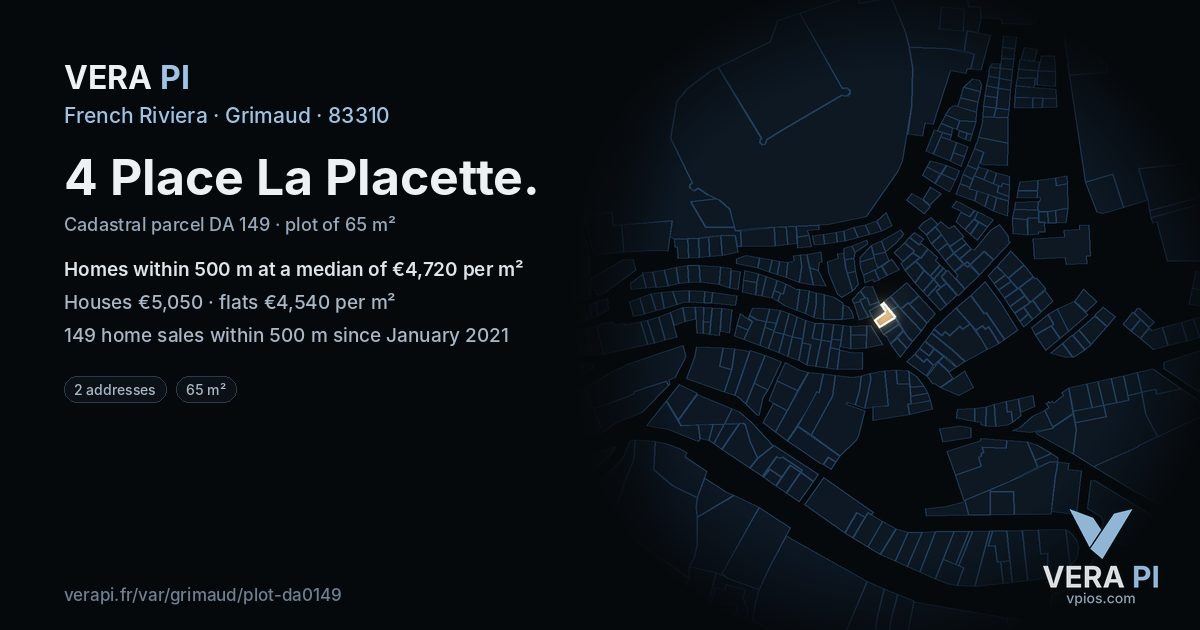 4 Place La Placette, Grimaud at night – the plot lit, the parcels around coloured by the prices near them