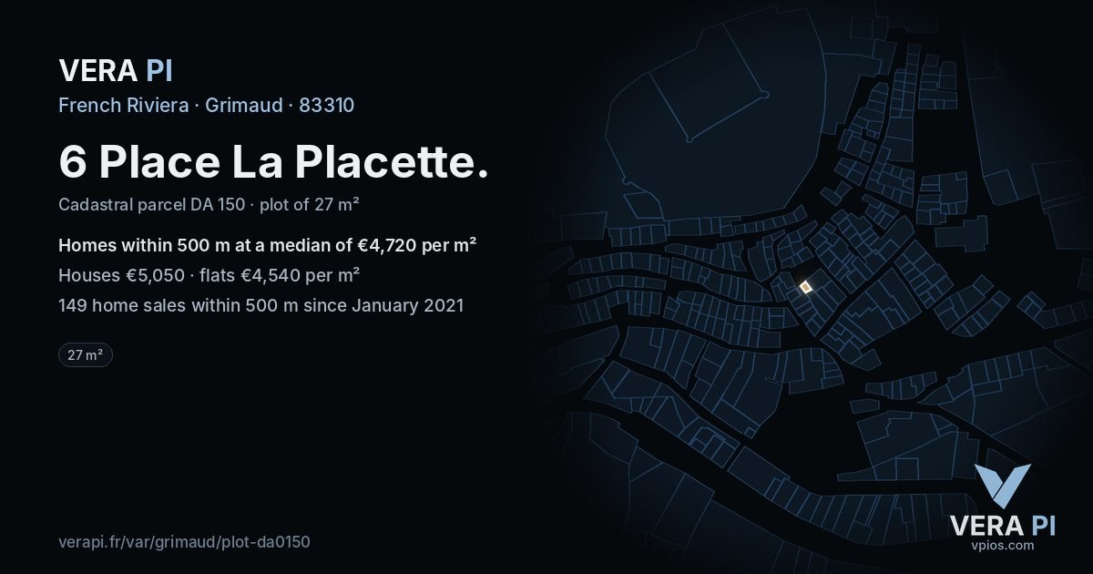 6 Place La Placette, Grimaud at night – the plot lit, the parcels around coloured by the prices near them