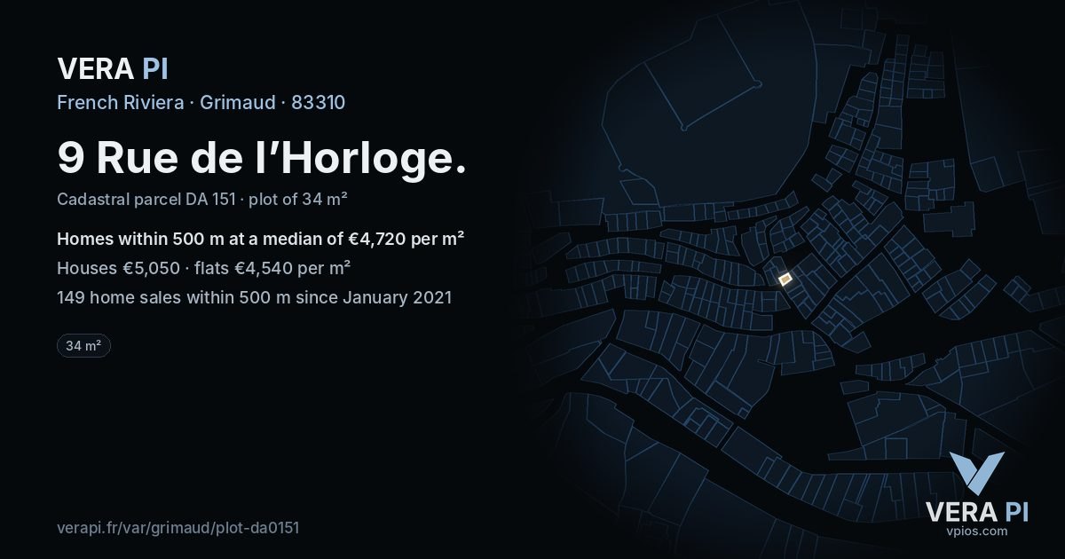 9 Rue de l’Horloge, Grimaud at night – the plot lit, the parcels around coloured by the prices near them