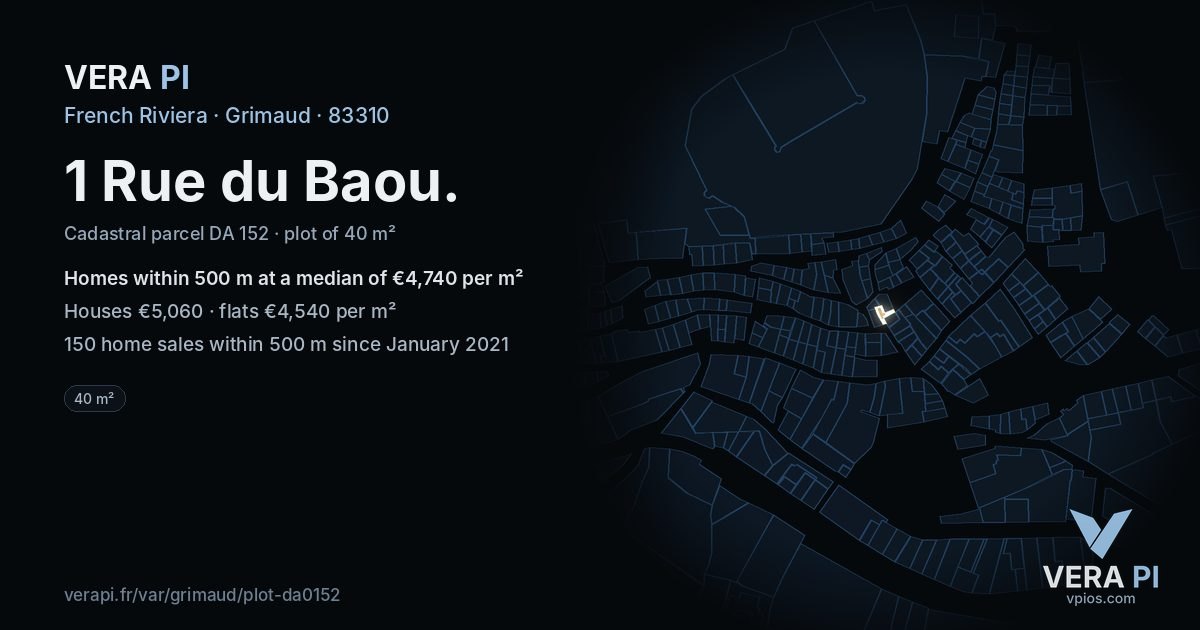 1 Rue du Baou, Grimaud at night – the plot lit, the parcels around coloured by the prices near them