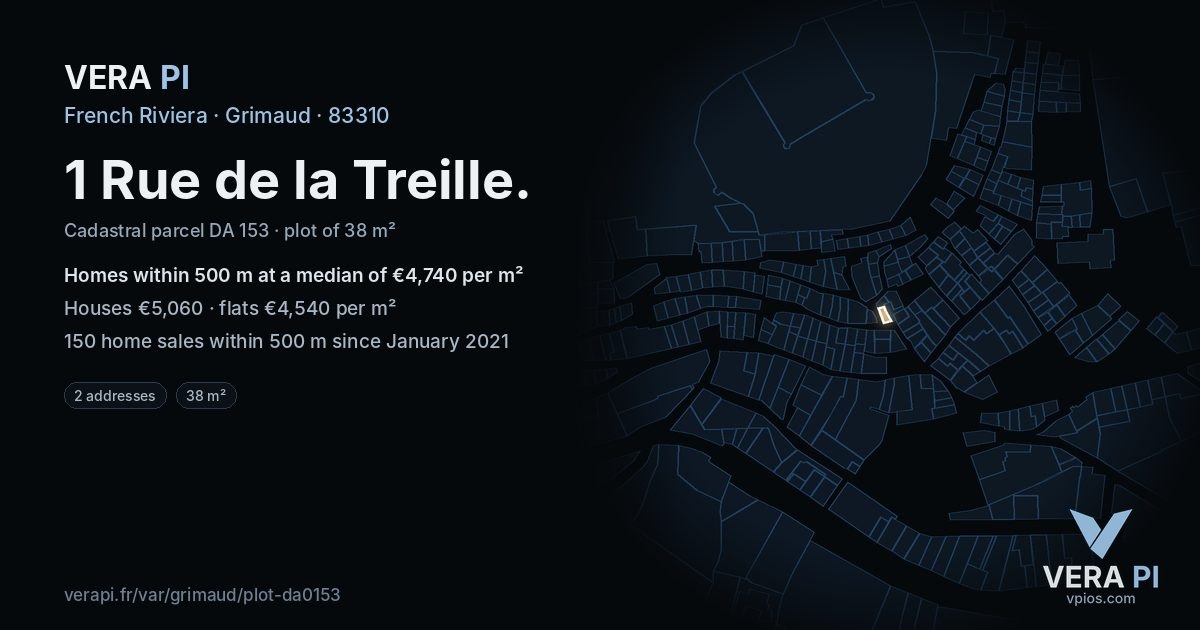 1 Rue de la Treille, Grimaud at night – the plot lit, the parcels around coloured by the prices near them