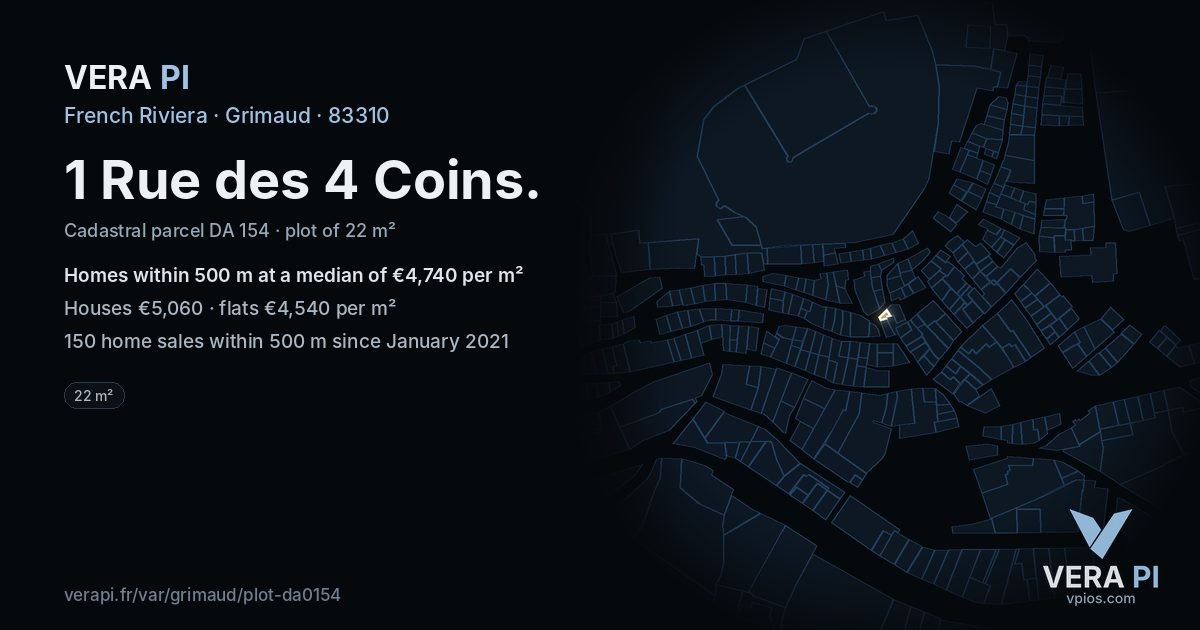 1 Rue des 4 Coins, Grimaud at night – the plot lit, the parcels around coloured by the prices near them