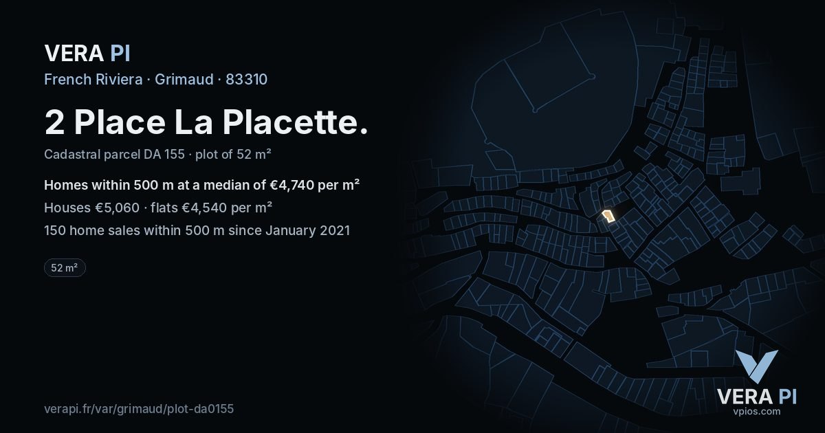 2 Place La Placette, Grimaud at night – the plot lit, the parcels around coloured by the prices near them