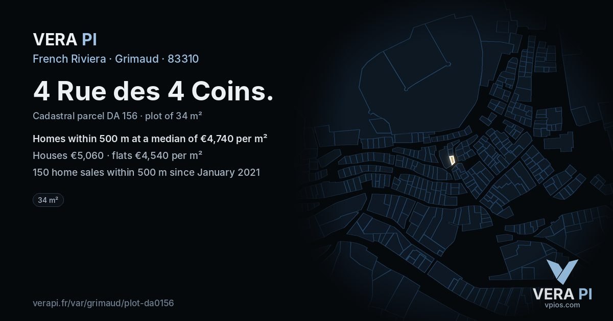 4 Rue des 4 Coins, Grimaud at night – the plot lit, the parcels around coloured by the prices near them
