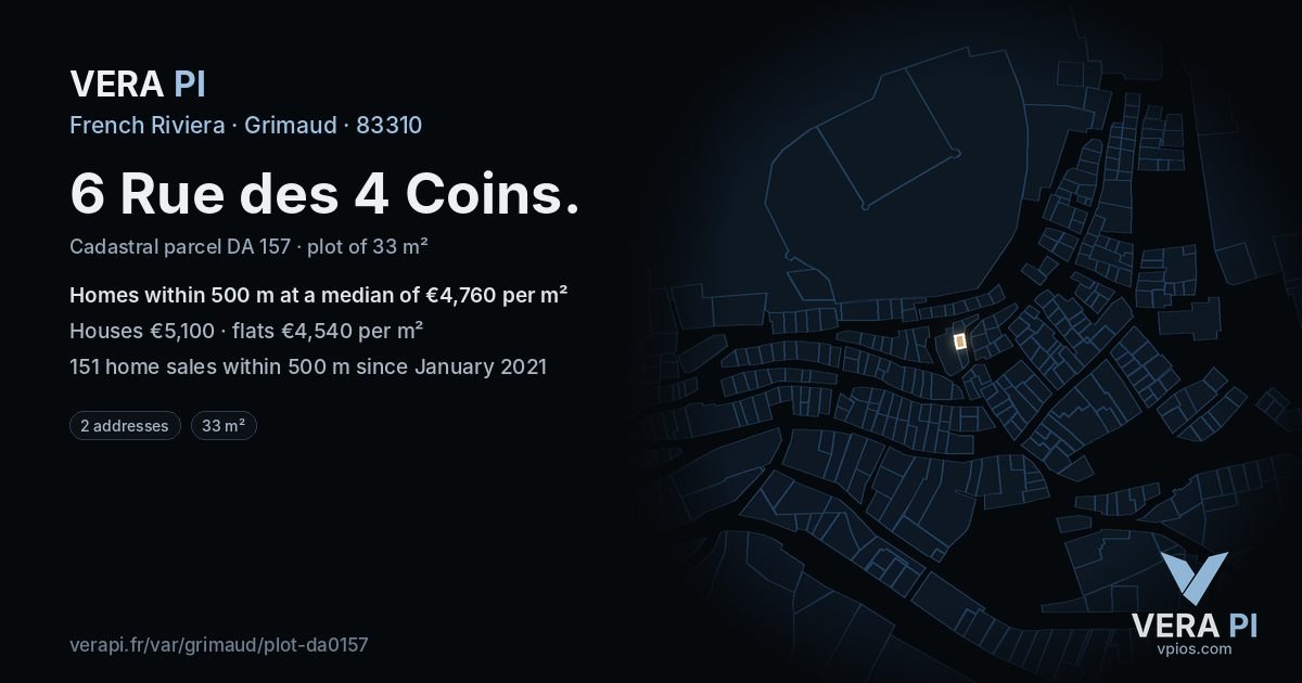 6 Rue des 4 Coins, Grimaud at night – the plot lit, the parcels around coloured by the prices near them