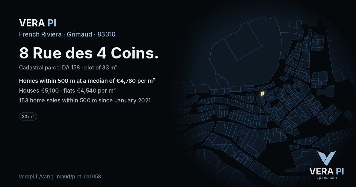 8 Rue des 4 Coins, Grimaud at night – the plot lit, the parcels around coloured by the prices near them