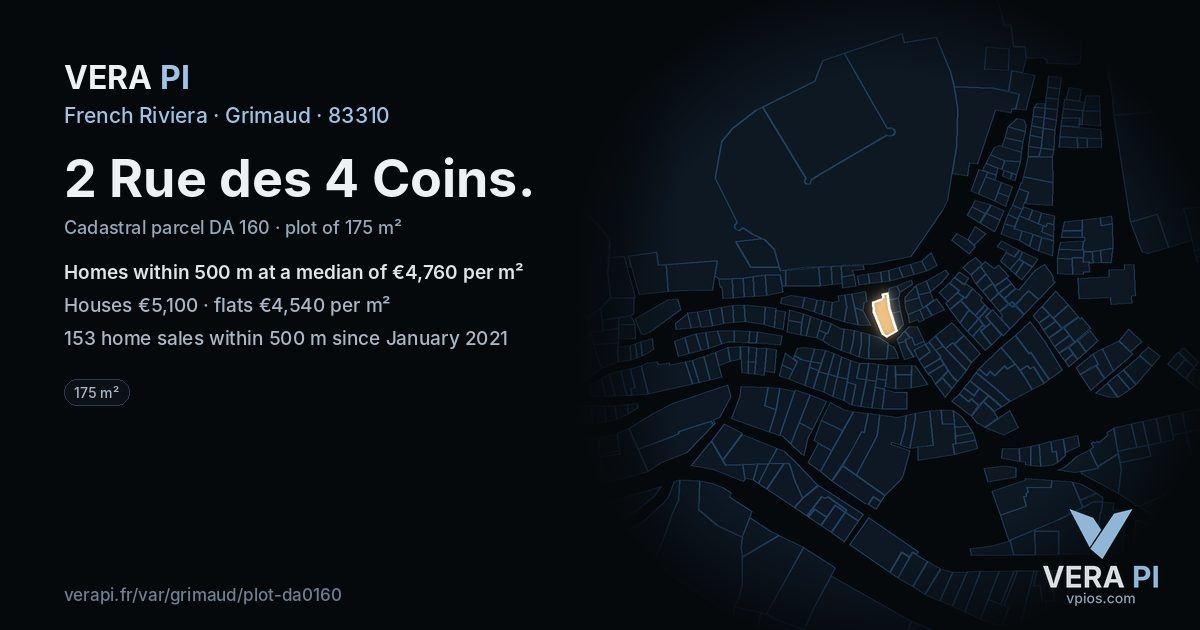 2 Rue des 4 Coins, Grimaud at night – the plot lit, the parcels around coloured by the prices near them