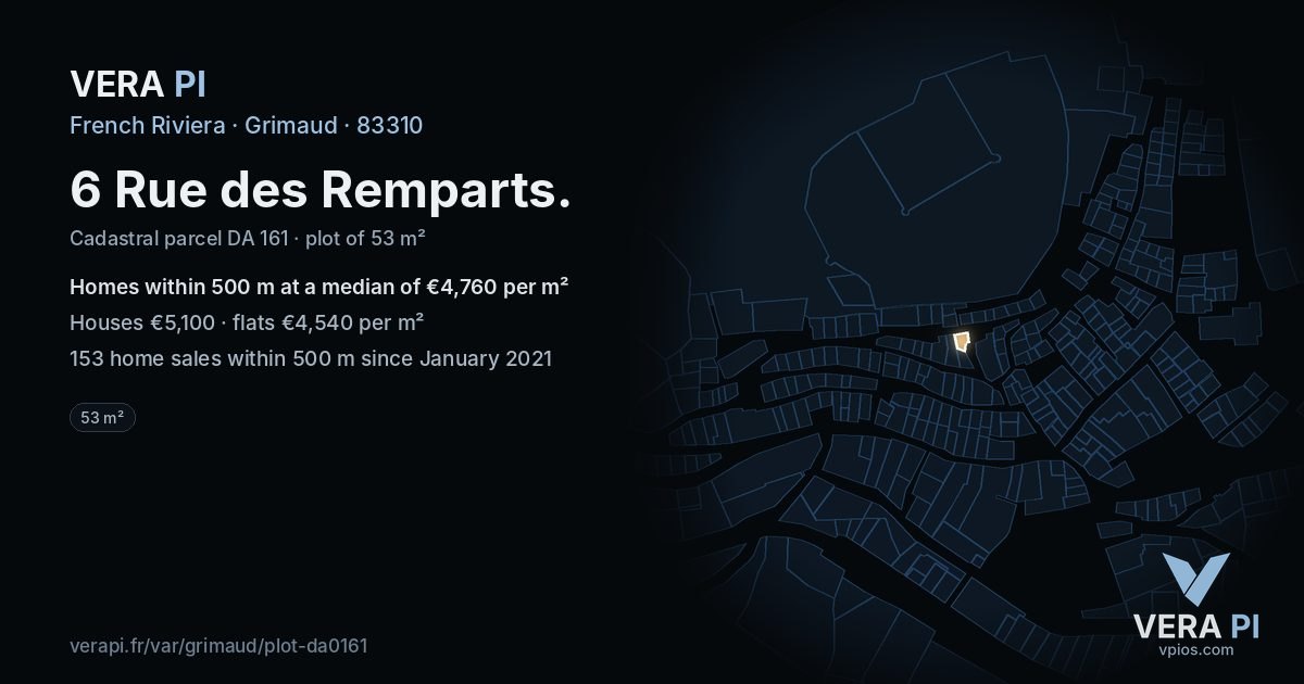 6 Rue des Remparts, Grimaud at night – the plot lit, the parcels around coloured by the prices near them