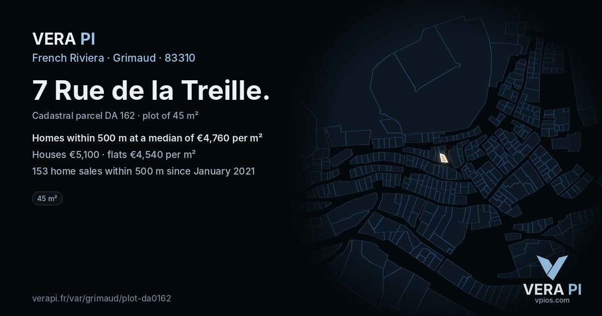 7 Rue de la Treille, Grimaud at night – the plot lit, the parcels around coloured by the prices near them