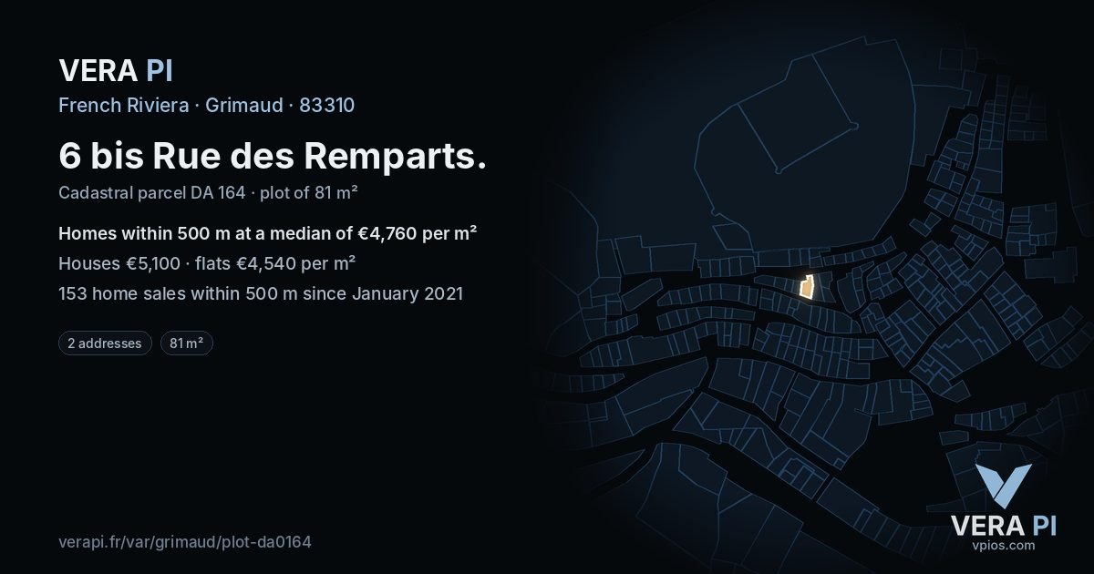 6 bis Rue des Remparts, Grimaud at night – the plot lit, the parcels around coloured by the prices near them