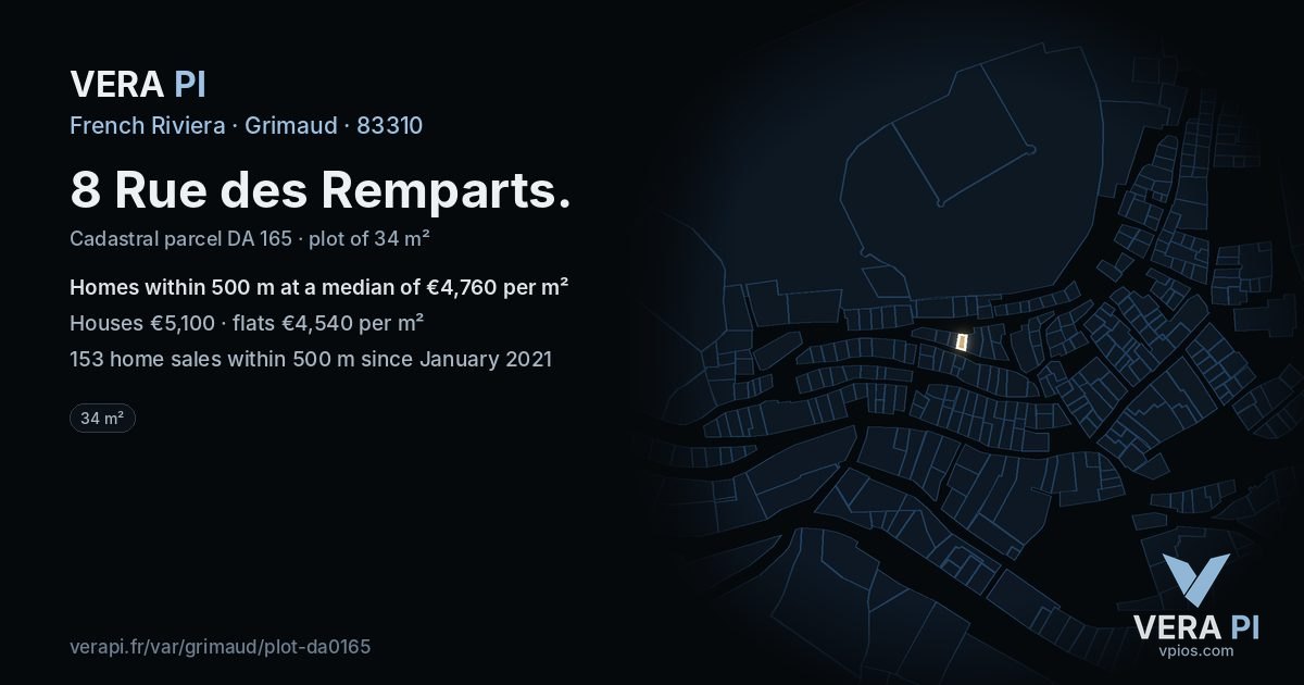 8 Rue des Remparts, Grimaud at night – the plot lit, the parcels around coloured by the prices near them