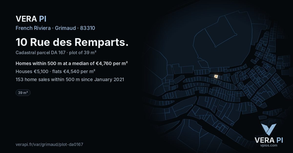 10 Rue des Remparts, Grimaud at night – the plot lit, the parcels around coloured by the prices near them