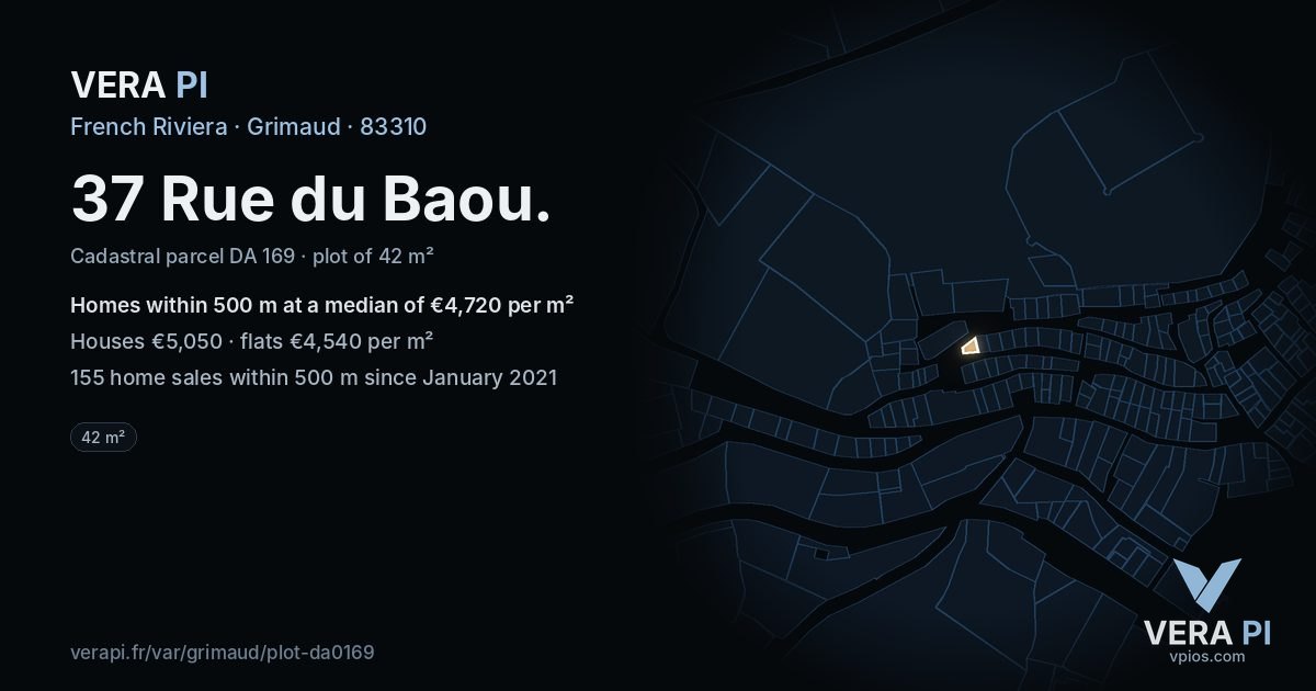 37 Rue du Baou, Grimaud at night – the plot lit, the parcels around coloured by the prices near them