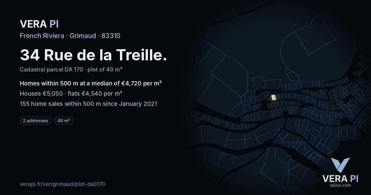 34 Rue de la Treille, Grimaud at night – the plot lit, the parcels around coloured by the prices near them