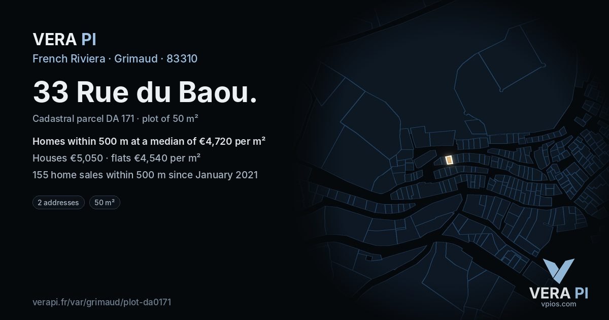 33 Rue du Baou, Grimaud at night – the plot lit, the parcels around coloured by the prices near them