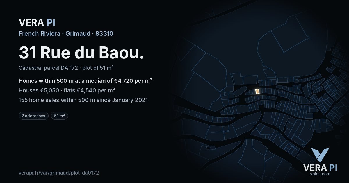 31 Rue du Baou, Grimaud at night – the plot lit, the parcels around coloured by the prices near them