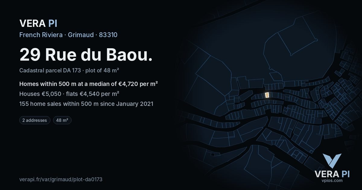 29 Rue du Baou, Grimaud at night – the plot lit, the parcels around coloured by the prices near them